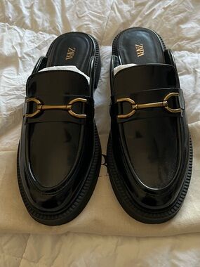 Zara Black Patent Slip-On Loafers with Gold Horsebit Detail